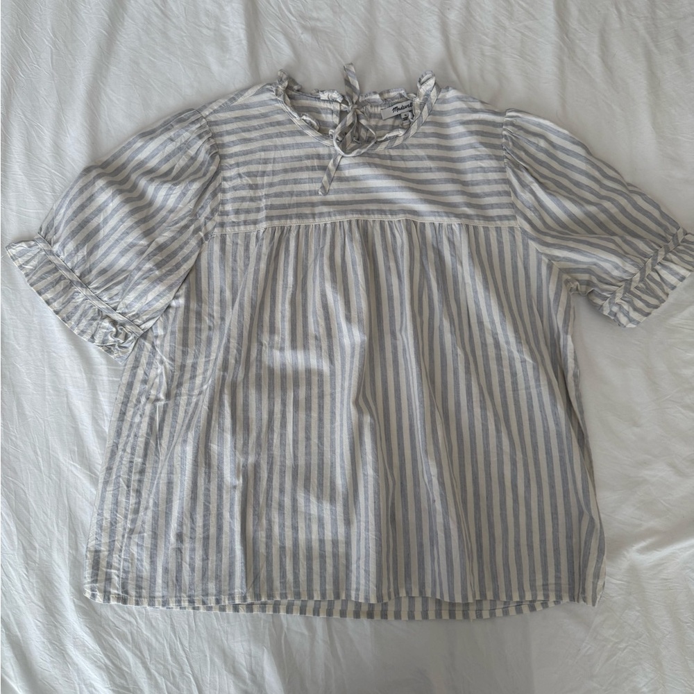 Women’s Madewell Cream & Blue Striped Ruffle/Tie Neck And Sleeve Blouse